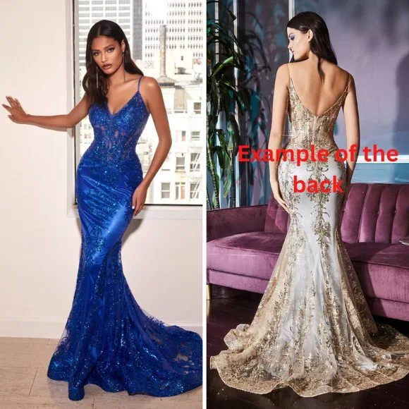chinese dress ladies Metallic-Lace Long Mermaid Prom Dress J810 main image 1